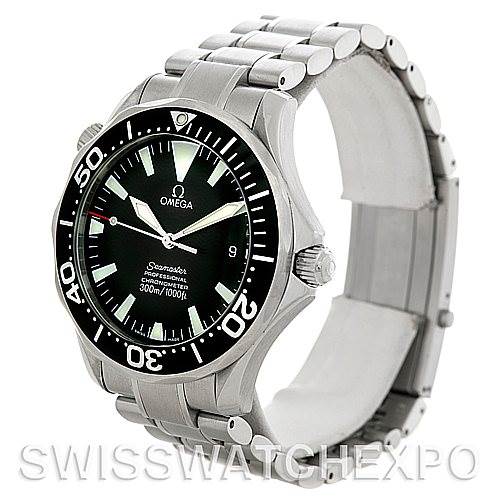 The image shows the Omega Seamaster 2254.50.00 Men's Stainless Steel Black Dial 2254.50.00 Men's Stainless Steel Black Dial watch at an angle displaying its face, bezel, crown, and stainless steel bracelet.