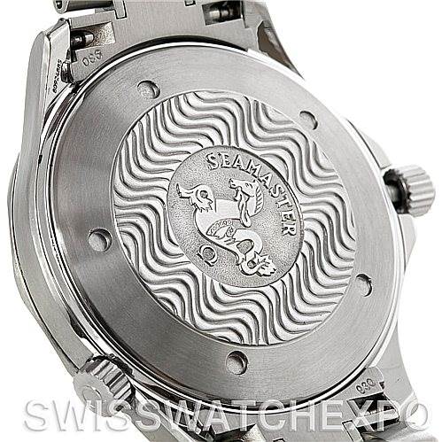 The image shows the back case of an Omega Seamaster 2254.50.00 Men's Stainless Steel Black Dial 2254.50.00 Men's Stainless Steel Black Dial watch at a slight angle, highlighting the engraved wave pattern and logo.