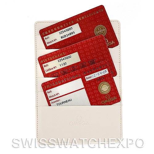 The image shows warranty and authentication cards for an Omega Seamaster 2254.50.00 Men's Stainless Steel Black Dial 2254.50.00 Men's Stainless Steel Black Dial watch inside a white cardholder.