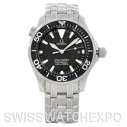 The image shows a full front view of an Omega Seamaster 2262.50 Men's Stainless Steel Black Dial 2262.50 Men's Stainless Steel Black Dial watch, including the bezel, dial, hands, and stainless steel bracelet.
