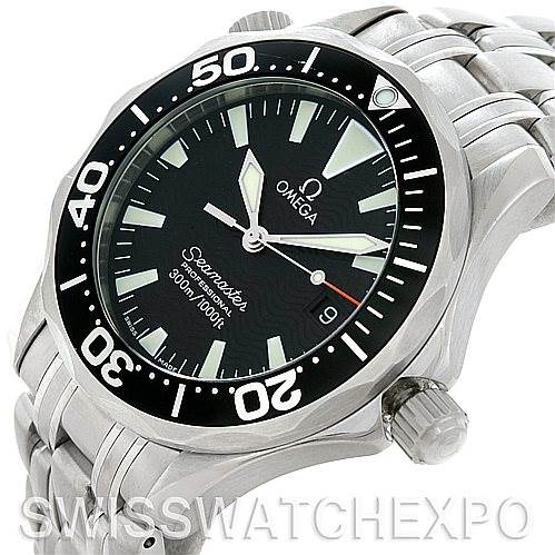 This image shows an Omega Seamaster 2262.50 Men's Stainless Steel Black Dial 2262.50 Men's Stainless Steel Black Dial watch at a slight angle, displaying the dial, bezel, bracelet, and crown.