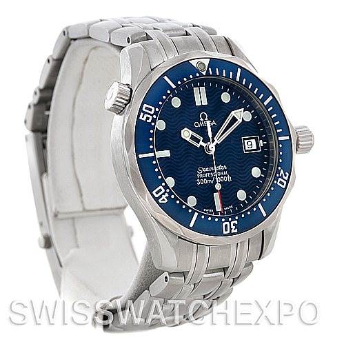 The image shows an Omega Seamaster 2223.80.00 Men's Stainless Steel Blue Dial 2223.80.00 Men's Stainless Steel Blue Dial watch from a front left angle, highlighting the face, bezel, crown, and bracelet.