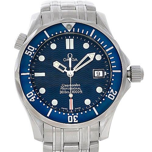 The image shows a front view of an Omega Seamaster 2223.80.00 Men's Stainless Steel Blue Dial 2223.80.00 Men's Stainless Steel Blue Dial watch, highlighting the bezel, dial, hands, and bracelet.