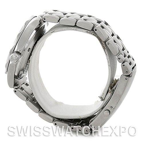 This side view image of the Omega Seamaster 2223.80.00 Men's Stainless Steel Blue Dial 2223.80.00 Men's Stainless Steel Blue Dial watch shows the bracelet, case, and crown.