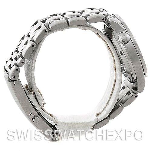 This side view of the Omega Seamaster 2223.80.00 Men's Stainless Steel Blue Dial 2223.80.00 Men's Stainless Steel Blue Dial shows the watch case, bracelet, and crown.