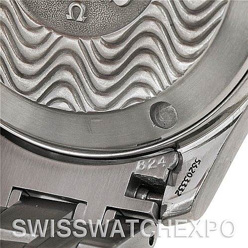 This image shows a close-up of the case back and bracelet attachment of an Omega Seamaster 2223.80.00 Men's Stainless Steel Blue Dial 2223.80.00 Men's Stainless Steel Blue Dial watch.