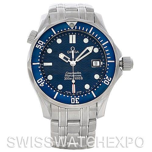 The image shows a front view of an Omega Seamaster 2223.80.00 Men's Stainless Steel Blue Dial 2223.80.00 Men's Stainless Steel Blue Dial Professional watch with a blue dial and stainless steel bracelet.