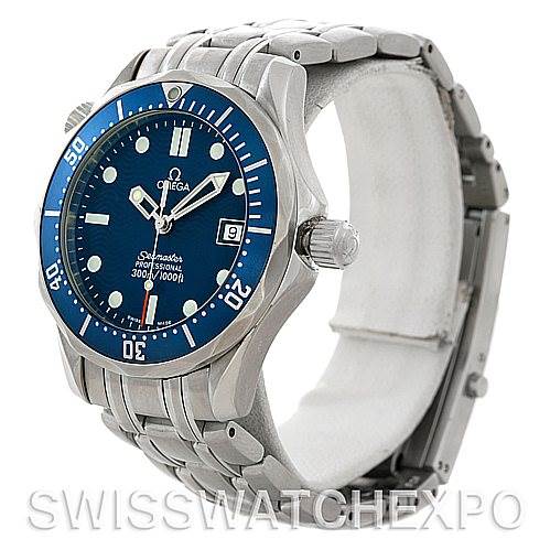 This image displays an Omega Seamaster 2223.80.00 Men's Stainless Steel Blue Dial 2223.80.00 Men's Stainless Steel Blue Dial watch at a side-angle, showcasing the face, bezel, crown, and part of the bracelet.