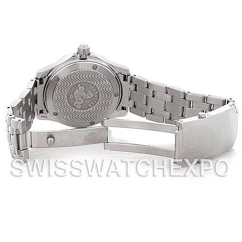 The image shows the back case and bracelet of the Omega Seamaster 2223.80.00 Men's Stainless Steel Blue Dial 2223.80.00 Men's Stainless Steel Blue Dial watch, viewed from an elevated rear angle.