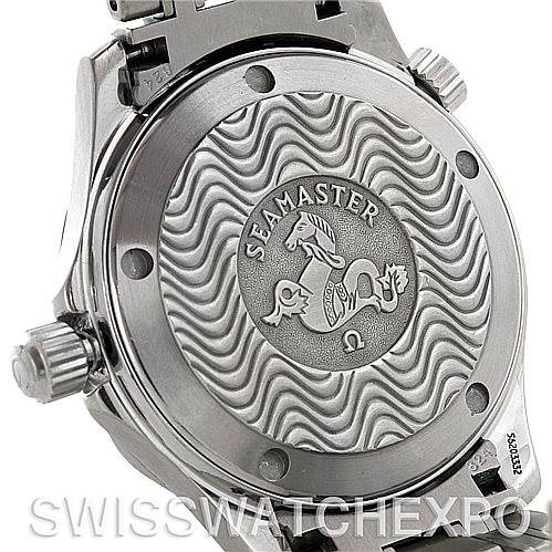 The image shows the case back of an Omega Seamaster 2223.80.00 Men's Stainless Steel Blue Dial 2223.80.00 Men's Stainless Steel Blue Dial watch, highlighting its engraved design.
