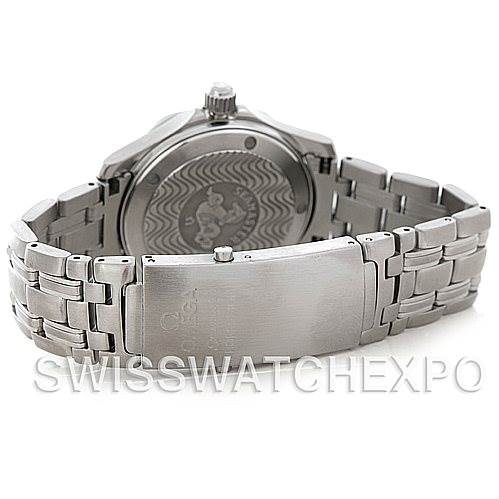 The image shows the back view of an Omega Seamaster 2223.80.00 Men's Stainless Steel Blue Dial 2223.80.00 Men's Stainless Steel Blue Dial watch, including the case back and the metal bracelet.