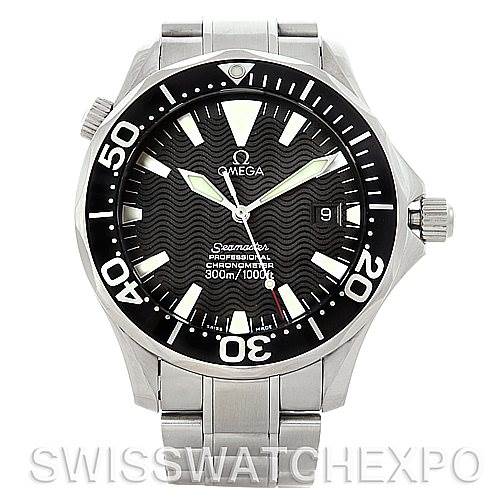 The image shows a front view of an Omega Seamaster 2254.50.00 Men
s Stainless Steel Black Dial 2254.50.00 Men
s Stainless Steel Black Dial watch, highlighting its dial, bezel, hands, and bracelet.