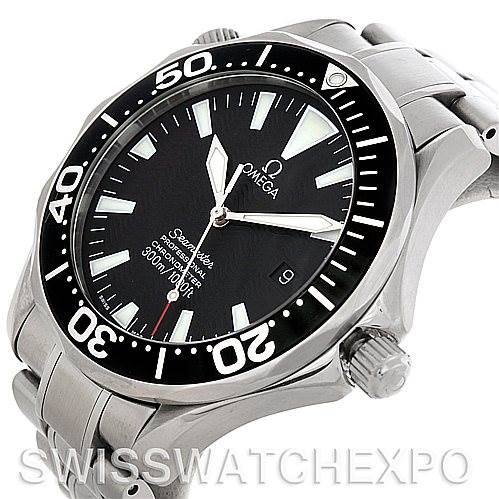 This image shows a close-up angle of an Omega Seamaster 2254.50.00 Men
s Stainless Steel Black Dial 2254.50.00 Men
s Stainless Steel Black Dial watch, highlighting the bezel, dial, crown, and part of the metal bracelet.