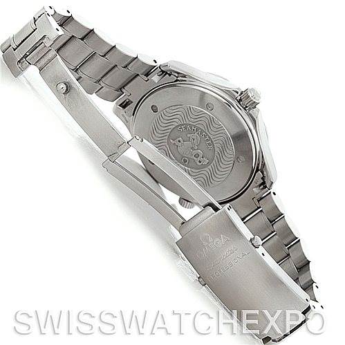 The image shows the back and clasp of the Omega Seamaster 2254.50.00 Men
s Stainless Steel Black Dial 2254.50.00 Men
s Stainless Steel Black Dial watch, including its stainless steel bracelet and engraved case back.