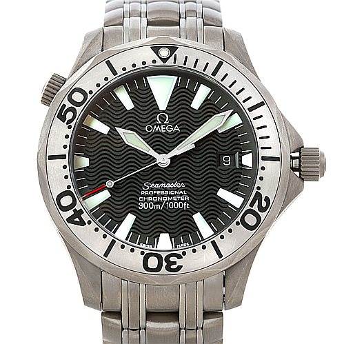 The image shows a front view of an Omega Seamaster 2031.50.00 Men's Titanium Black Dial 2031.50.00 Men's Titanium Black Dial watch, highlighting its face, bezel, and stainless steel bracelet.