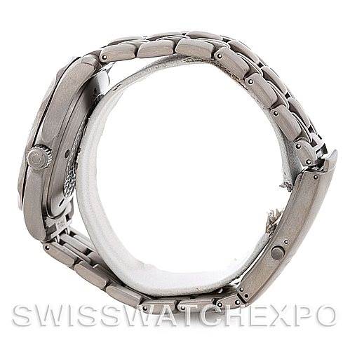 Side view of the Omega Seamaster 2031.50.00 Men's Titanium Black Dial 2031.50.00 Men's Titanium Black Dial watch, showing the crown, casing, and metal bracelet.