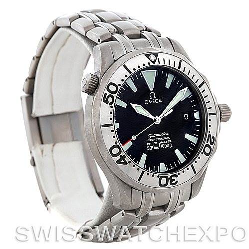 The image shows an Omega Seamaster 2031.50.00 Men's Titanium Black Dial 2031.50.00 Men's Titanium Black Dial watch at an angled view, highlighting the face, bezel, crown, and bracelet.