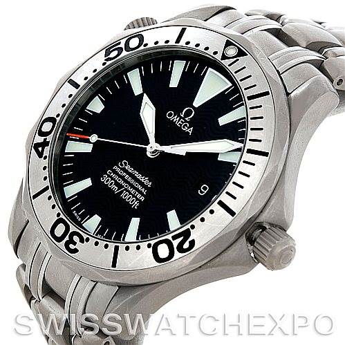 The image shows the Omega Seamaster 2031.50.00 Men's Titanium Black Dial 2031.50.00 Men's Titanium Black Dial watch from a front angle, highlighting the face, bezel, crown, and part of the stainless steel bracelet.