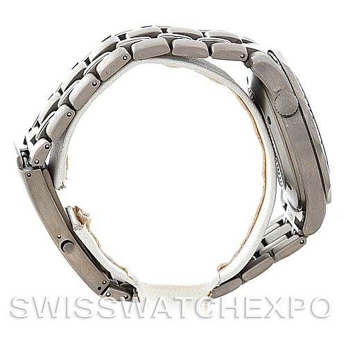 The image shows a side profile of an Omega Seamaster 2031.50.00 Men's Titanium Black Dial 2031.50.00 Men's Titanium Black Dial watch, highlighting the bracelet and case, including the crown and clasp.