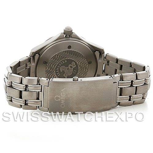 The image shows the back view of the Omega Seamaster 2031.50.00 Men's Titanium Black Dial 2031.50.00 Men's Titanium Black Dial watch, highlighting its clasp, bracelet, and case back.