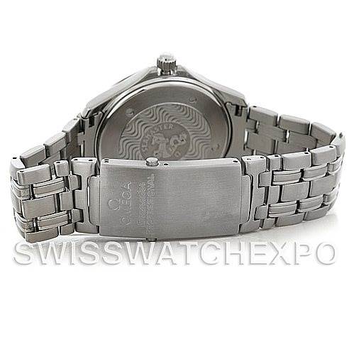 The image shows the back view of an Omega Seamaster Men
s Stainless Steel White Dial Men
s Stainless Steel White Dial watch, highlighting the engraved case back and the stainless steel bracelet with clasp.