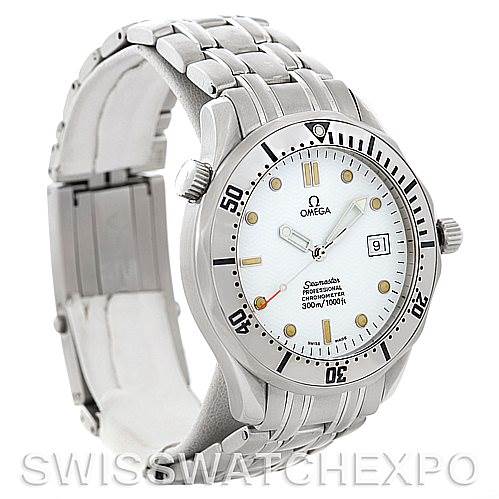 The image displays an Omega Seamaster Men
s Stainless Steel White Dial Men
s Stainless Steel White Dial watch from a left-side angle, highlighting the face, bezel, and part of the metal bracelet.