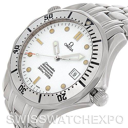 This image shows an angled view of an Omega Seamaster Men
s Stainless Steel White Dial Men
s Stainless Steel White Dial watch, highlighting the dial, bezel, crown, and part of the bracelet.