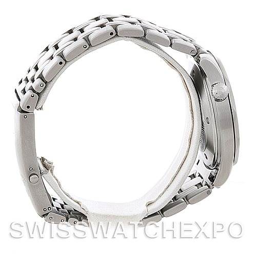 This side view of the Omega Seamaster Men
s Stainless Steel White Dial Men
s Stainless Steel White Dial watch showcases its stainless steel case and bracelet.