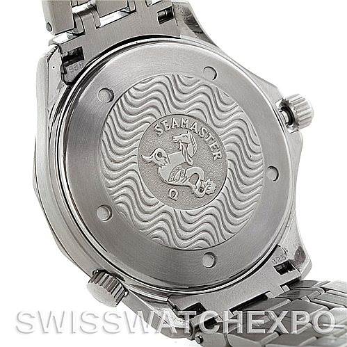 The image shows the back case of an Omega Seamaster Men
s Stainless Steel White Dial Men
s Stainless Steel White Dial, featuring the engraved logo and the stainless steel bracelet.