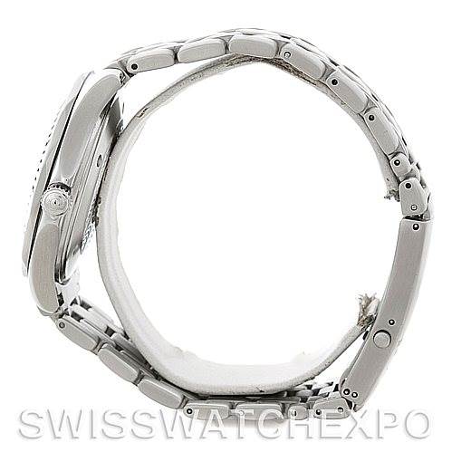 This image shows a side view of the Omega Seamaster Men
s Stainless Steel White Dial Men
s Stainless Steel White Dial watch, focusing on its case, crown, and stainless steel bracelet.