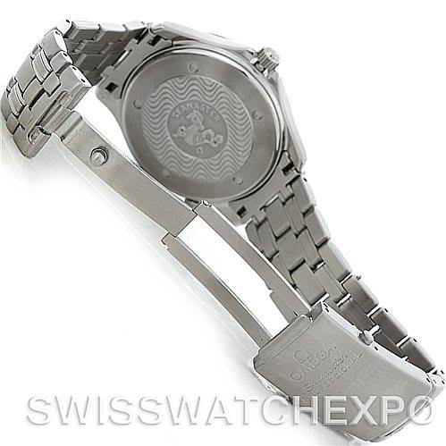 This image shows the back case and open clasp of the Omega Seamaster Men
s Stainless Steel White Dial Men
s Stainless Steel White Dial watch, highlighting its stainless steel bracelet and engraved case back.