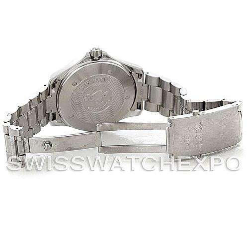 The image shows the backside of an Omega Seamaster 2534.50.00 Men
s Stainless Steel Black Dial 2534.50.00 Men
s Stainless Steel Black Dial watch, highlighting its case back and stainless steel bracelet with the clasp open.