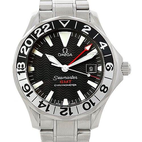 The image shows a front view of the Omega Seamaster 2534.50.00 Men
s Stainless Steel Black Dial 2534.50.00 Men
s Stainless Steel Black Dial GMT Chronometer watch, highlighting the dial, bezel, and metal bracelet.