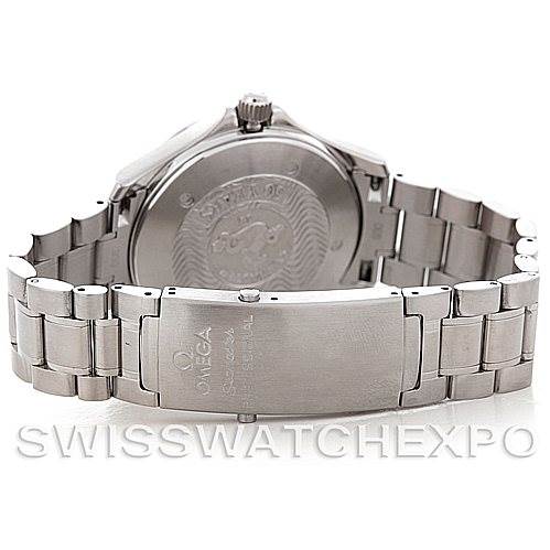 The image shows the backside and clasp of the Omega Seamaster 2534.50.00 Men
s Stainless Steel Black Dial 2534.50.00 Men
s Stainless Steel Black Dial, highlighting the bracelet and engraved case back.