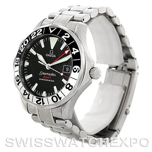 This image shows an Omega Seamaster 2534.50.00 Men
s Stainless Steel Black Dial 2534.50.00 Men
s Stainless Steel Black Dial GMT watch from a front angle, highlighting the dial, bezel, crown, and bracelet.