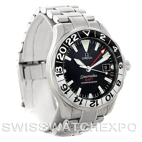 The image shows a frontal view of the Omega Seamaster 2534.50.00 Men
s Stainless Steel Black Dial 2534.50.00 Men
s Stainless Steel Black Dial GMT with its stainless steel bracelet, bezel, and analog dial clearly visible.