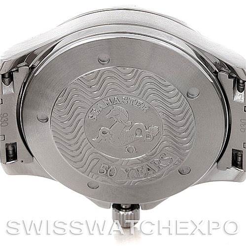 The image shows the case back of an Omega Seamaster 2534.50.00 Men
s Stainless Steel Black Dial 2534.50.00 Men
s Stainless Steel Black Dial watch, highlighting the "50 Years" engraving.