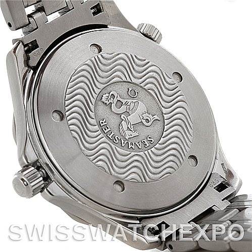 The image shows the back case of an Omega Seamaster 2054.50.00 Men
s Stainless Steel Black Dial 2054.50.00 Men
s Stainless Steel Black Dial watch focused on its engraved design and bracelet.