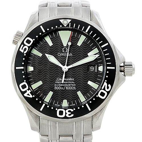 The image shows a front view of the Omega Seamaster 2054.50.00 Men
s Stainless Steel Black Dial 2054.50.00 Men
s Stainless Steel Black Dial watch, highlighting the dial, bezel, and part of the stainless steel bracelet.