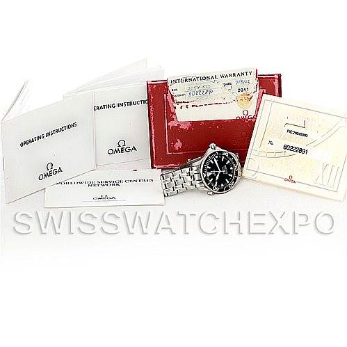 The image shows an Omega Seamaster 2054.50.00 Men
s Stainless Steel Black Dial 2054.50.00 Men
s Stainless Steel Black Dial watch with accessories, including its warranty card, instruction manuals, and a red cardholder.