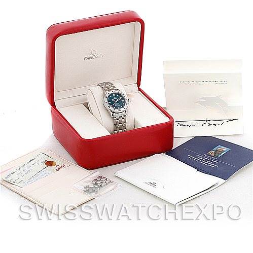 The image shows an Omega Seamaster 2553.41.00 Men's Stainless Steel Green Dial 2553.41.00 Men's Stainless Steel Green Dial watch in a red case, accompanied by warranty cards, booklets, and spare links.