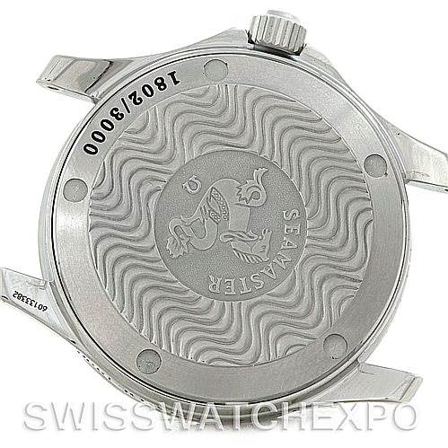 The image shows the back case of an Omega Seamaster 2553.41.00 Men's Stainless Steel Green Dial 2553.41.00 Men's Stainless Steel Green Dial watch, highlighting its engraved wave pattern and the Omega logo.