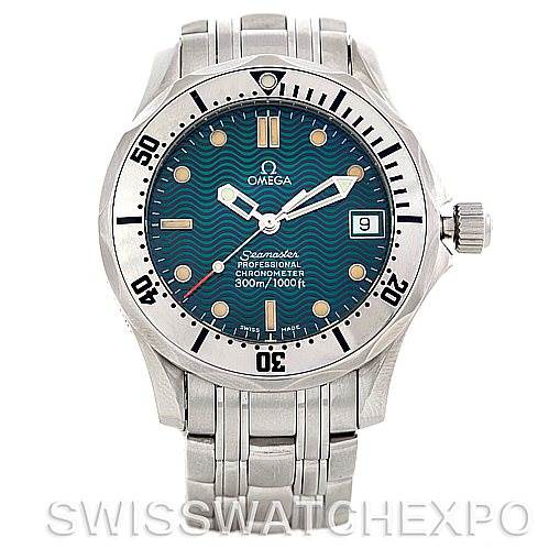 This Omega Seamaster 2553.41.00 Men's Stainless Steel Green Dial 2553.41.00 Men's Stainless Steel Green Dial watch is shown from a front angle, displaying the dial, bezel, hands, and bracelet.