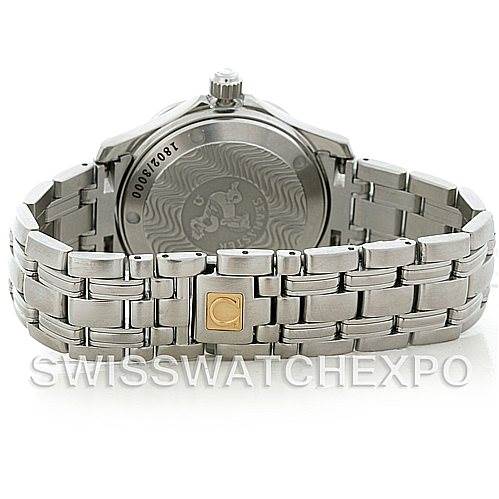 The image shows the back of an Omega Seamaster 2553.41.00 Men's Stainless Steel Green Dial 2553.41.00 Men's Stainless Steel Green Dial watch, highlighting its stainless steel bracelet and engraved case back.