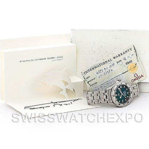 The image shows an Omega Seamaster 2553.41.00 Men's Stainless Steel Green Dial 2553.41.00 Men's Stainless Steel Green Dial watch with its international warranty card and original packaging, set at a front angle.