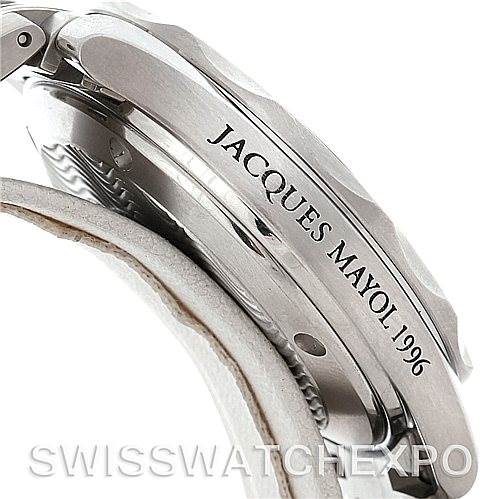 The image shows the side of an Omega Seamaster 2553.41.00 Men's Stainless Steel Green Dial 2553.41.00 Men's Stainless Steel Green Dial watch, highlighting the engraved name "Jacques Mayol 1996."