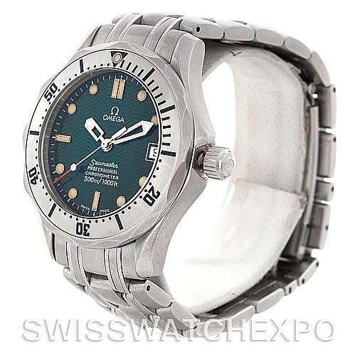 This Omega Seamaster 2553.41.00 Men's Stainless Steel Green Dial 2553.41.00 Men's Stainless Steel Green Dial watch is shown at an angled view, featuring the face, bezel, crown, and part of the bracelet.