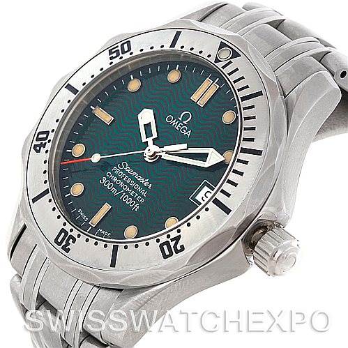 The image shows an angled view of an Omega Seamaster 2553.41.00 Men's Stainless Steel Green Dial 2553.41.00 Men's Stainless Steel Green Dial watch, highlighting the bezel, dial, hands, bracelet, and crown.
