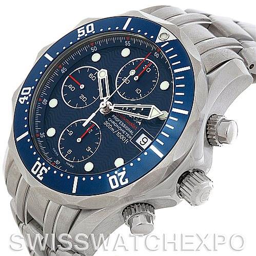 The Omega Seamaster 2225.80.00 Men's Stainless Steel Blue Dial 2225.80.00 Men's Stainless Steel Blue Dial watch is shown at an angle displaying the face, bezel, and side buttons.