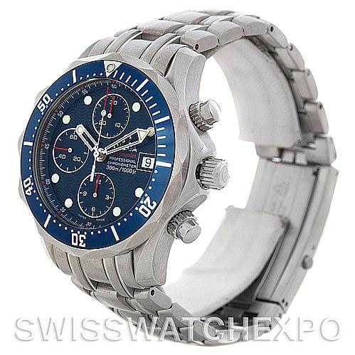 The image shows an Omega Seamaster 2225.80.00 Men's Stainless Steel Blue Dial 2225.80.00 Men's Stainless Steel Blue Dial watch at an angle highlighting the face, bezel, crown, pushers, and stainless steel bracelet.